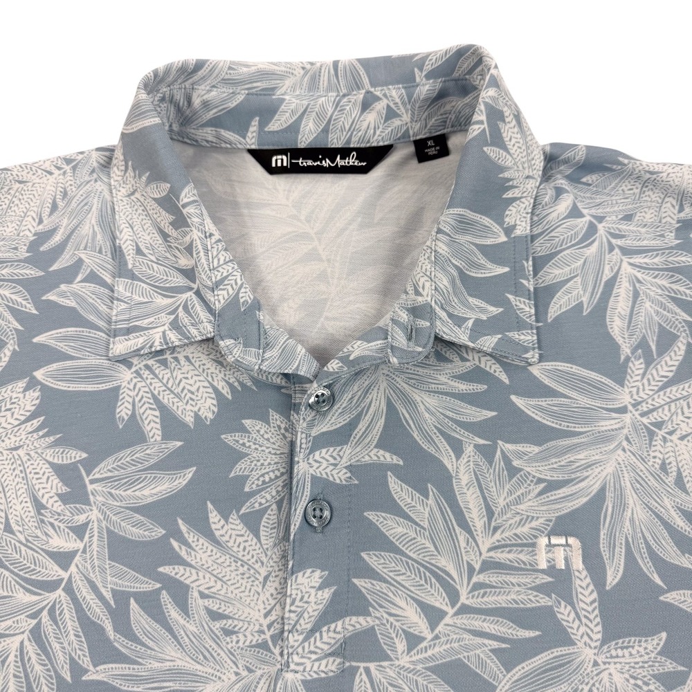 Travis Mathew Polo Shirt Mens XL Blue Leaf Print Golf Performance Top Stretch